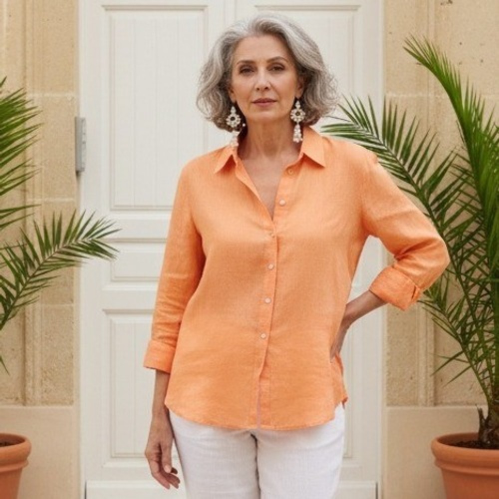 Chico's 3 Apricot 100% Linen Breezy Button Down Shirt Long Sleeve XL Flax